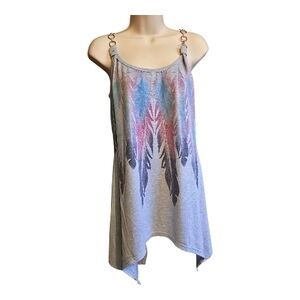 Nextmia Feather Print Handkerchief Hem Tank Top Gray Boho Chain Strap Flowy